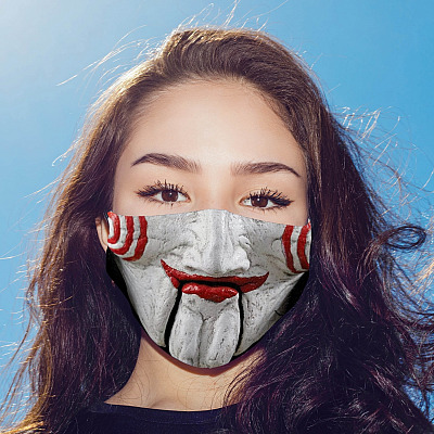 Alternative view of Billy the Puppet Saw Movie Character Halloween Washable Reusable Custom Printed Cloth Face Mask Cover