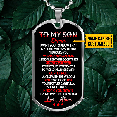 Alternative view of Personalized to My Son from Mom I Want You to Know That My Heart Walks with You Dog Tag Pendant Necklace