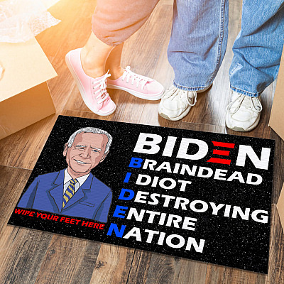 Alternative view of Funny Anti Biden Entrance Indoor Outdoor Decorative Doormat - Biden Braindead Idiot Destroying Entire Nation Doormat