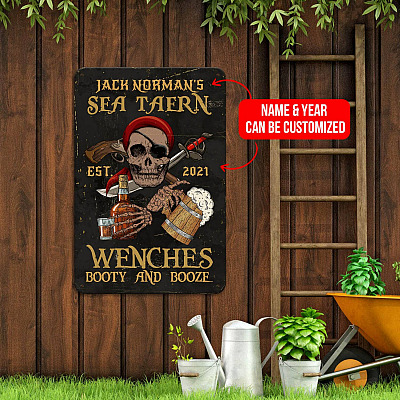 Alternative view of Personalized Name Sea Tavern Est 2021 Wenches Booty And Booze Decorative Vintage Metal Sign