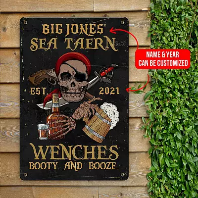 Personalized Name Sea Tavern Est 2021 Wenches Booty And Booze Decorative Vintage Metal Sign