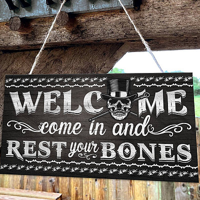Alternative view of Welcome Come In And Rest Your Bones Rectangle Wooden Door Sign – Halloween Front Porch Sign