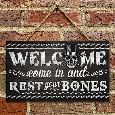 Welcome Come In And Rest Your Bones Rectangle Wooden Door Sign – Halloween Front Porch Sign