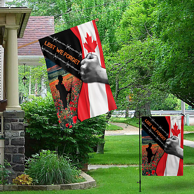 Alternative view of Lest We Forget Canada Veteran Memory Outdoor Garden Flag - Memorial Day Poppy Remembrance Decorative House Flag