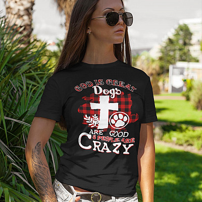 Alternative view of Buffalo Plaid God Is Great Dogs Are God And People Are Crazy Jesus Christian Cross T-shirt - V-neck