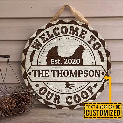 Personalized Family Name Welcome To Our Coop Decorative Circle Wooden Door Sign - Front Porch Sign Indoor Outdoor Decor Farmhouse