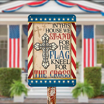 Alternative view of In This House We Stand For The Flag And Kneel For The Cross Decorative Metal Sign - Decor Farmhouse