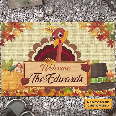 Personalized Family Name Turkey Thanksgiving Doormat - Outdoor Indoor Doormat - Funny Thanksgiving Doormat