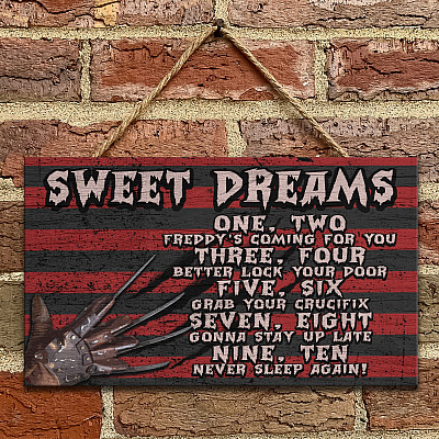 Alternative view of Funny Halloween Door Sign - Scary Freddy Sweet Quote Dreams Saying Krueger Halloween Rectangle Wooden Door Sign Hanger