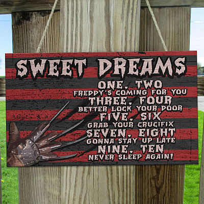Funny Halloween Door Sign - Scary Freddy Sweet Quote Dreams Saying Krueger Halloween Rectangle Wooden Door Sign Hanger