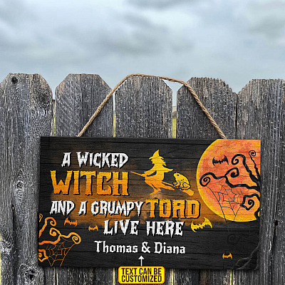Alternative view of Personalized Names Halloween Door Sign Saying A Wicked Witch And An Old Grumpy Toad Live Here Wooden Door Sign Hanger
