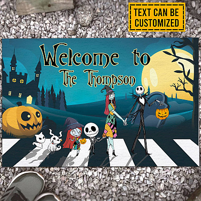 Personalized Family Name Welcome to Nightmare Jack and Sally Halloween Pumpkin Indoor Outdoor Decorative Doormat