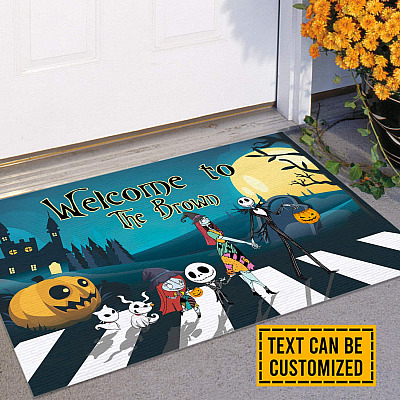 Alternative view of Personalized Family Name Welcome to Nightmare Jack and Sally Halloween Pumpkin Indoor Outdoor Decorative Doormat