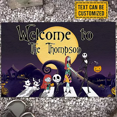 Personalized Family Name Welcome to Nightmare Jack and Sally Pumpkin Halloween Indoor Outdoor Decorative Doormat
