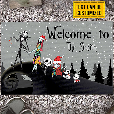 Personalized Family Name Welcome to Nightmare Before Christmas Jack and Sally Indoor Outdoor Decorative Doormat
