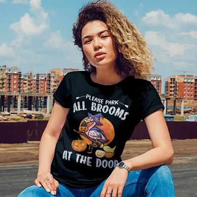 Alternative view of Please Park All Brooms At The Door Funny Flamingo Witch T-Shirt - V-Neck Tee - Flamingo Halloween Shirt