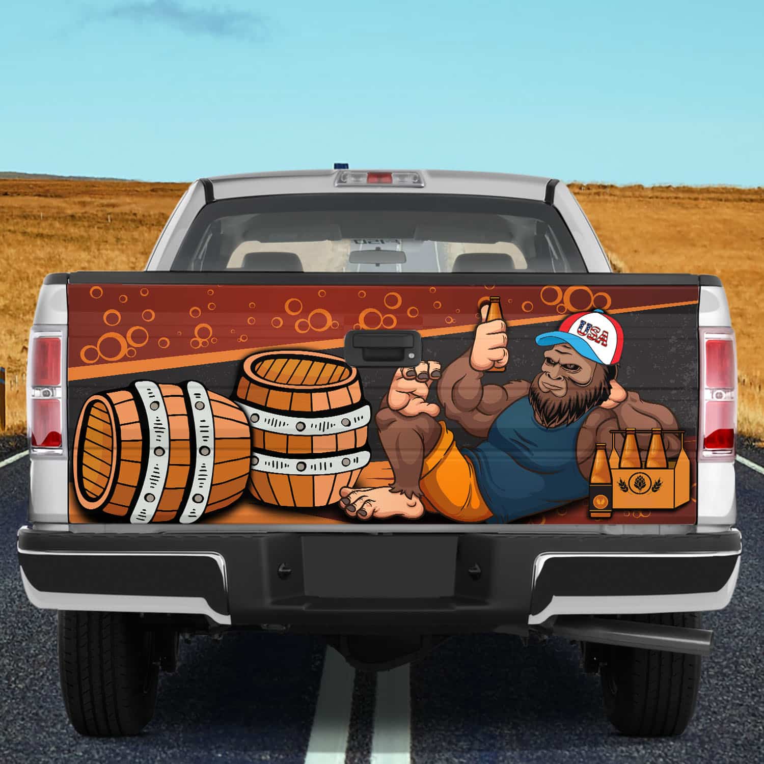 10VT. Bigfoot Drinking Beer Tailgate Tailgate Wrap Mockup 10
