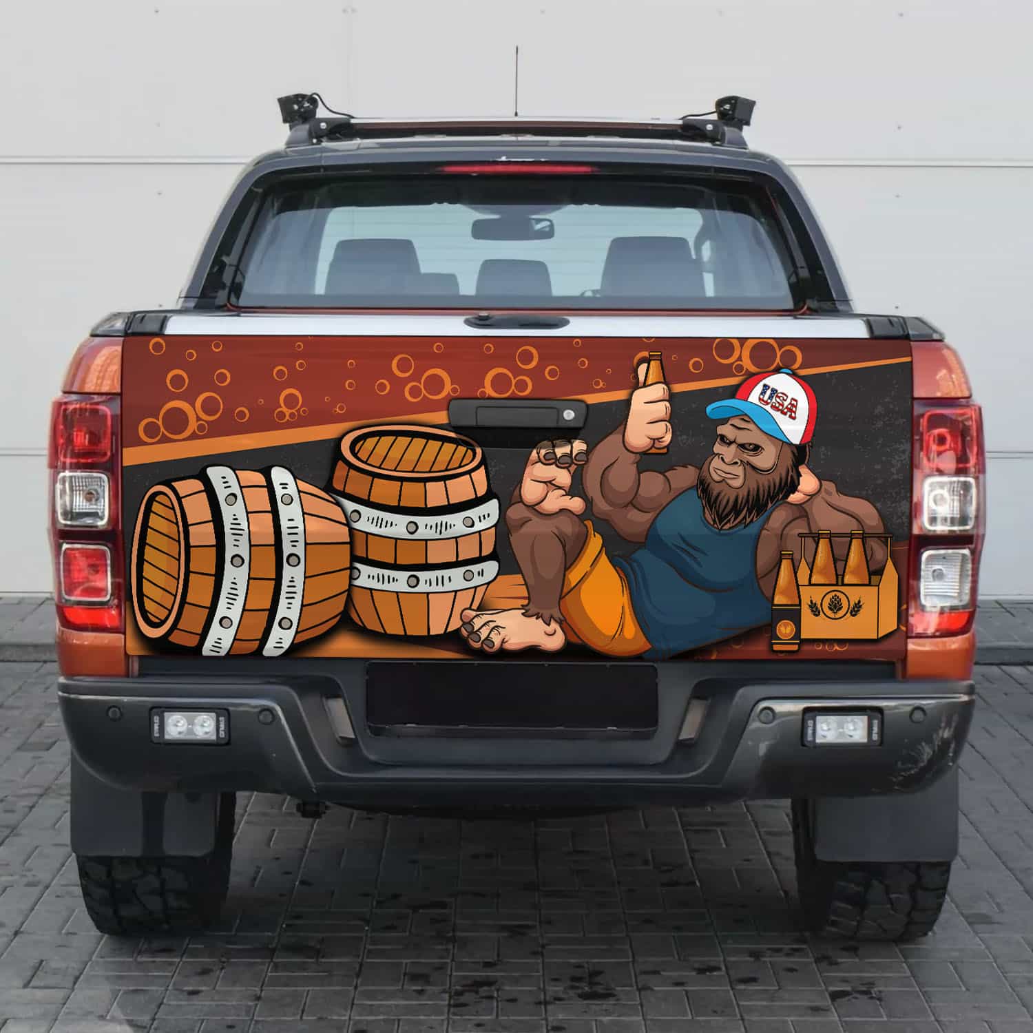 10VT. Bigfoot Drinking Beer Tailgate Tailgate Wrap Mockup 2