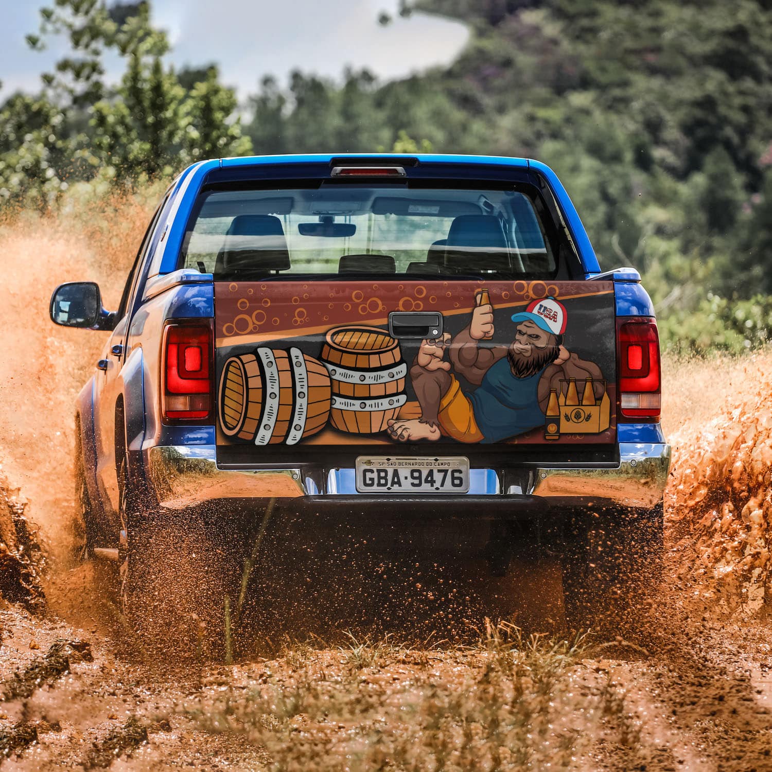 10VT. Bigfoot Drinking Beer Tailgate Tailgate Wrap Mockup 3