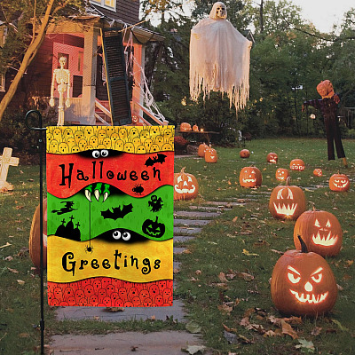 Alternative view of Halloween Greetings Witch Monster Pumpkin Spider Bat Ghost Outdoor Indoor Garden Flag - House Flag -Wall Flag