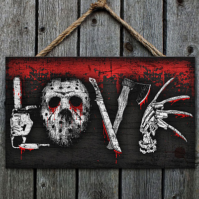 Horror Movie Love Rectangle Wooden Door Sign Hanger - Halloween Front Porch Sign Indoor Outdoor Decoration