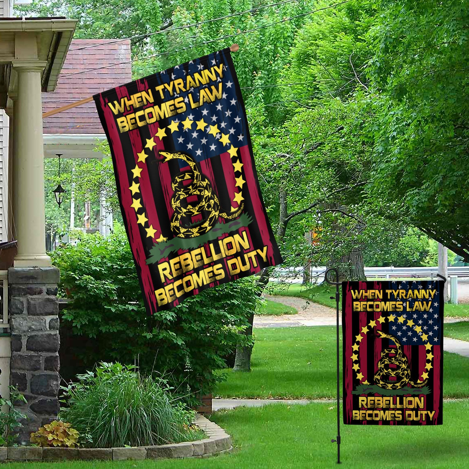 3VT. When Tyranny Becomes Law Flag Garden & House Mockup 1