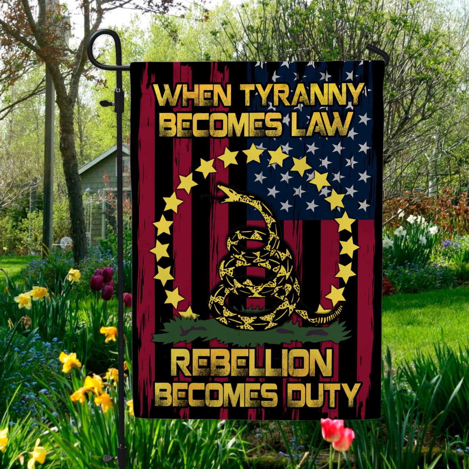 3VT. When Tyranny Becomes Law Flag Garden Flag Mockup 5