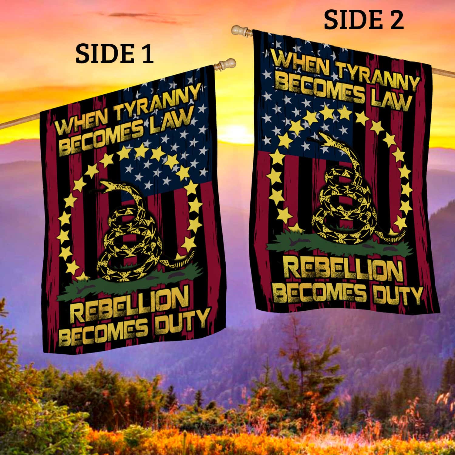 3VT. When Tyranny Becomes Law Flag House Flag Mockup 2 Side