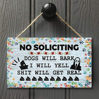 No Soliciting Doorsign - No Soliciting Dogs Will Bark Decorative Wooden Door Sign - Front Porch Sign