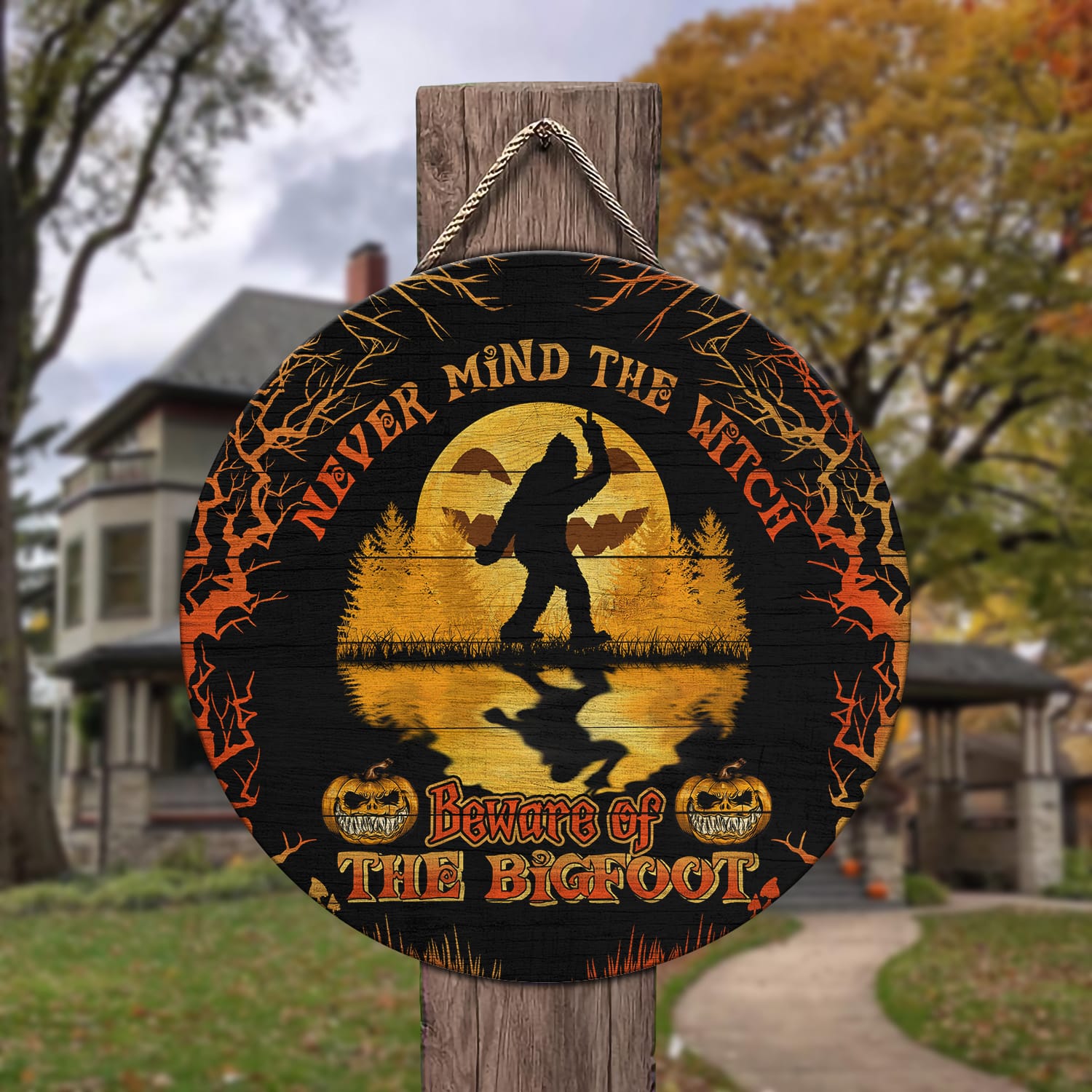 4KT. Never Mind The Witch Bigfoot Door Sign Mockup 3