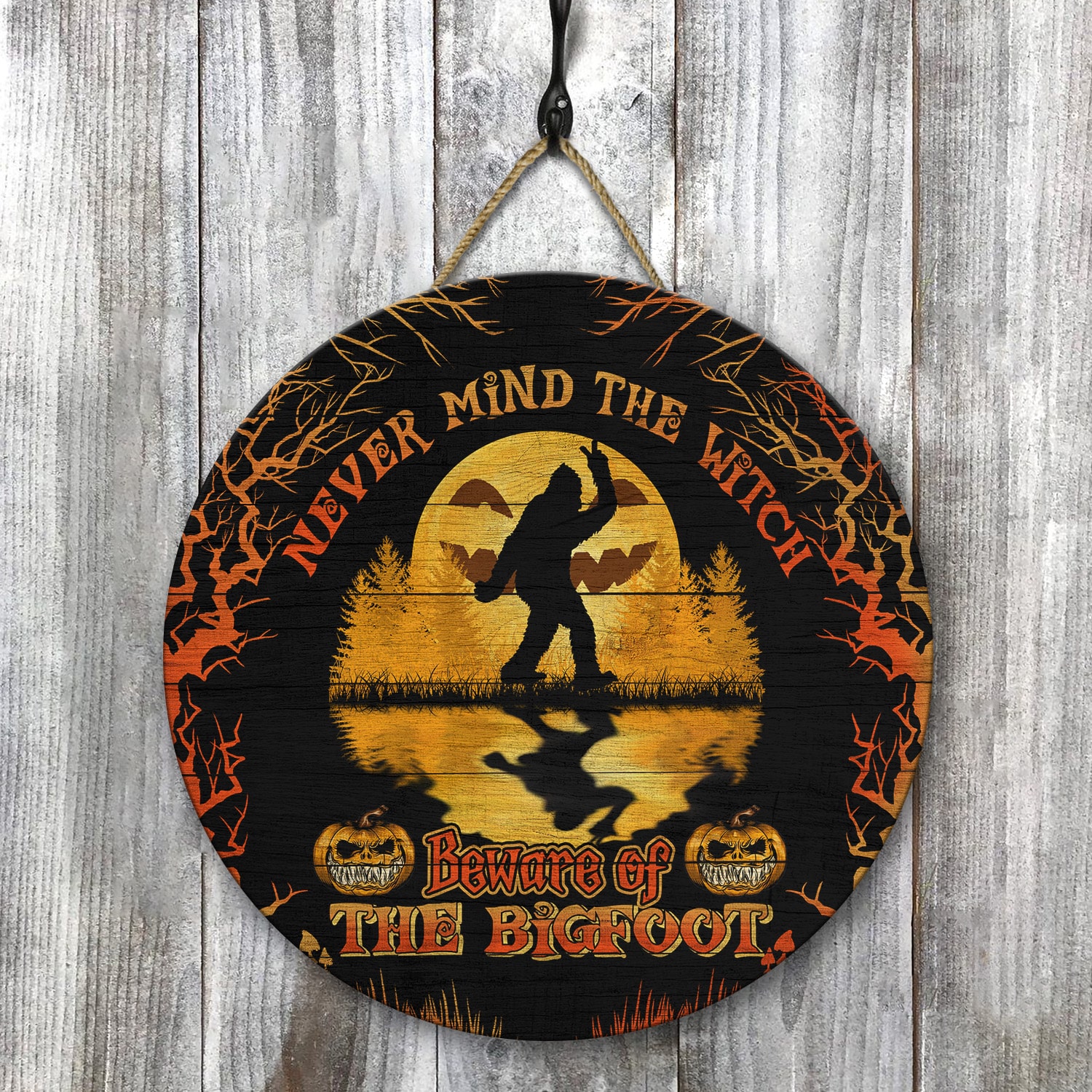 4KT. Never Mind The Witch Bigfoot Door Sign Mockup 8