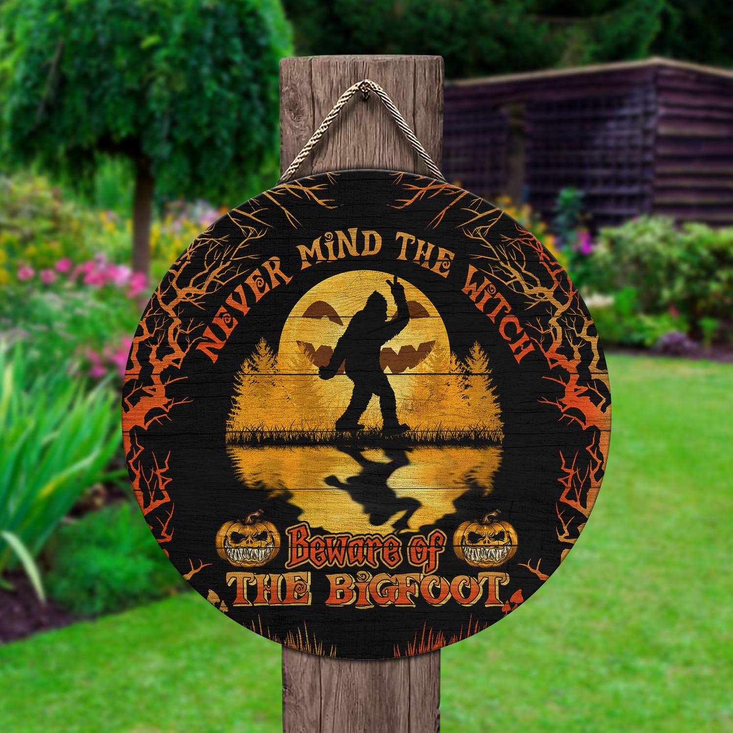 4KT. Never Mind The Witch Bigfoot Door Sign Mockup 2