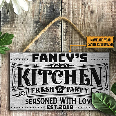 Alternative view of Personalized Name Kitchen Fresh and Tasty Seasoned With Love Decorative Rectangle Wooden Door Sign - Kitchen Porch Sign Decor Farmhouse