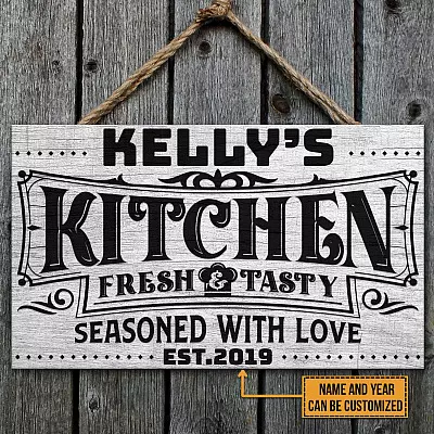 Personalized Name Kitchen Fresh and Tasty Seasoned With Love Decorative Rectangle Wooden Door Sign - Kitchen Porch Sign Decor Farmhouse