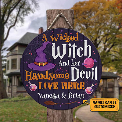 Personalized Names Halloween Door Sign Saying A Wicked Witch And Her Devil Live Here Circle Wooden Door Sign Hanger