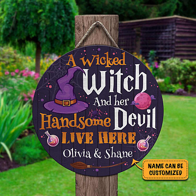 Alternative view of Personalized Names Halloween Door Sign Saying A Wicked Witch And Her Devil Live Here Circle Wooden Door Sign Hanger