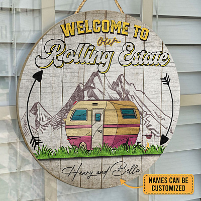 Personalized Name Welcome to Our Rolling Estate Circle Wooden Door Sign-Front Porch Sign Indoor Outdoor Decor Farmhouse