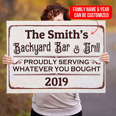 Alternative view of Personalized Family Name Backyard Bar and Grill Serving Whatever You Bought Funny Canvas Print - Poster