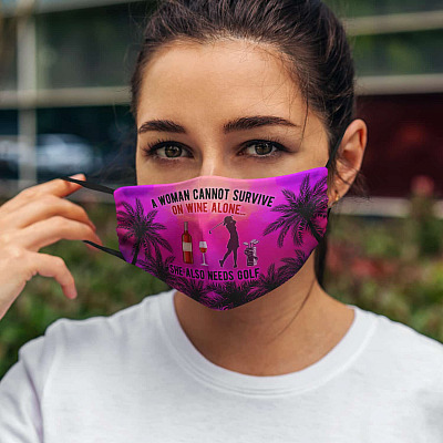 Alternative view of A Woman Cannot Survive On Wine Alone She Also Needs Golf Washable Reusable Printed Cloth Face Mask Cover
