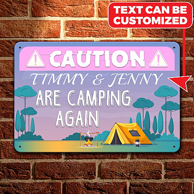 Personalized Name Caution Camping Again Retro Vintage Decorative Metal Sign - Indoor Outdoor Decor Farmhouse