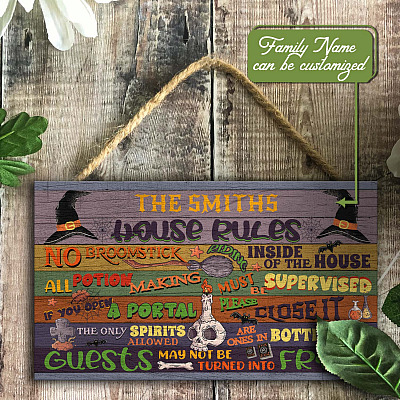 Personalized Witch's Name House Rules Rectangle Wooden Door Sign - Halloween House Rules Custom Front Porch Sign Indoor Outdoor Decor