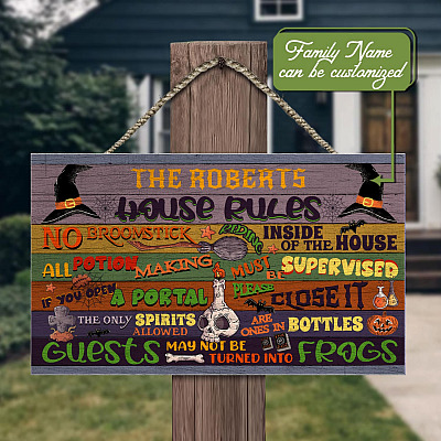 Alternative view of Personalized Witch's Name House Rules Rectangle Wooden Door Sign - Halloween House Rules Custom Front Porch Sign Indoor Outdoor Decor