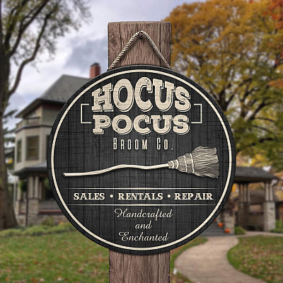 Alternative view of Hocus Pocus Broom Co Handcrafted and Enchanted Decorative Circle Wooden Door Sign-Front Porch Sign Indoor Outdoor Decor