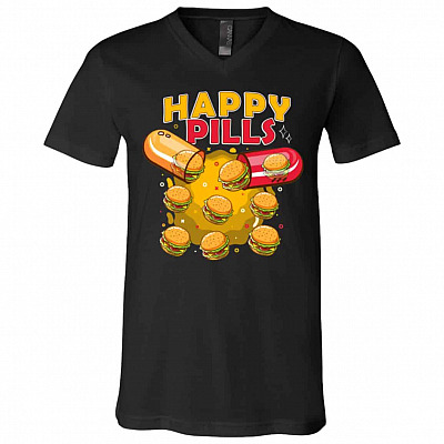 Happy Pills Burger T-Shirt, Black, V-Neck T-Shirt