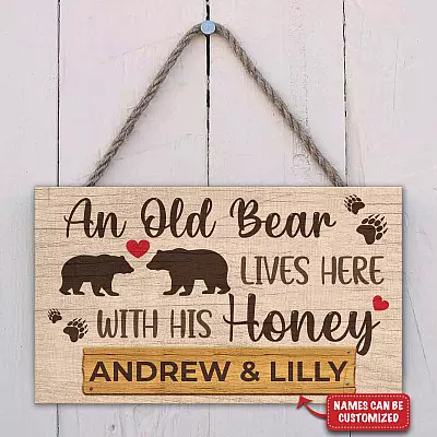 Alternative view of Personalized Couple Name An Old Bear Lives Here With His Honey Decorative Rectangle Wooden Door Sign - Funny Welcome Couple Bear Sign