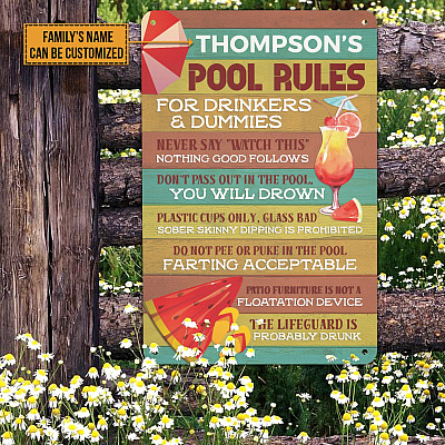 Pool Rules Personalized Pool Rules for Drinkers and Dummies Vintage Decorative Metal Sign - Indoor Outdoor Pool Decor