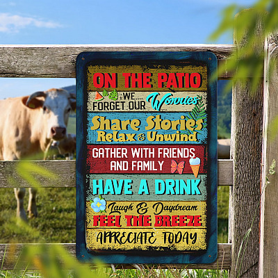 Alternative view of On The Patio Forget Our Worries Share Stories Relax and Unwind Vintage Decorative Metal Sign - Indoor Outdoor Decor Farmhouse