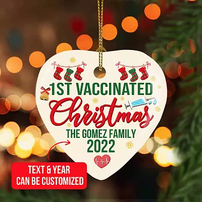 Personalized Family Name and Year 1st Vaccinated Christmas Decorative Christmas Heart Ornament - Funny Vaccinated Ornament