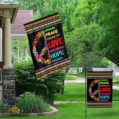 Alternative view of Kindness Peace Equality Love Inclusion Hope Diversity Outdoor House Flag - Peace Symbol Home Garden Flag