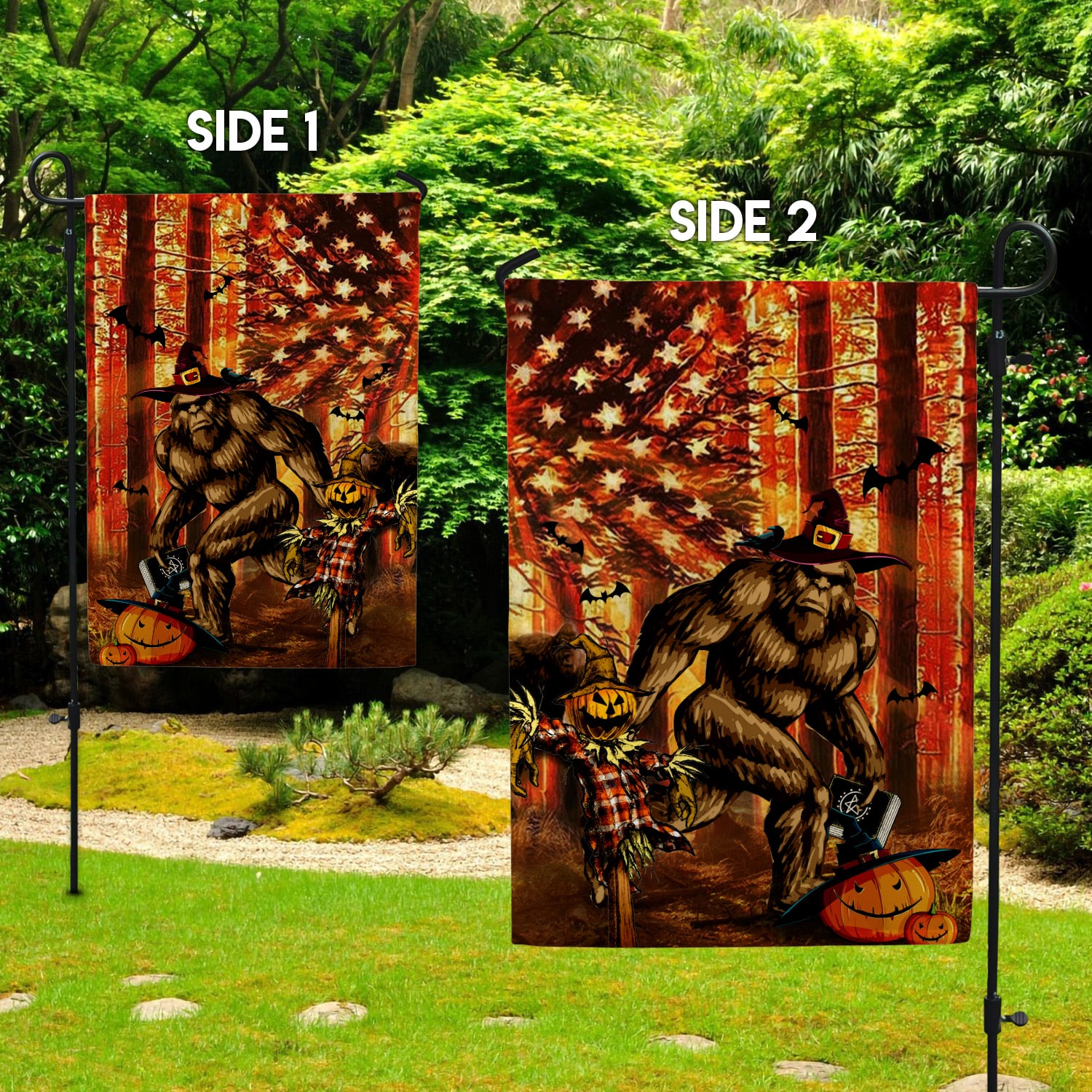 3KT. Bigfoot Halloween_30x40_side 1 Garden Flag Mockup 2 Side